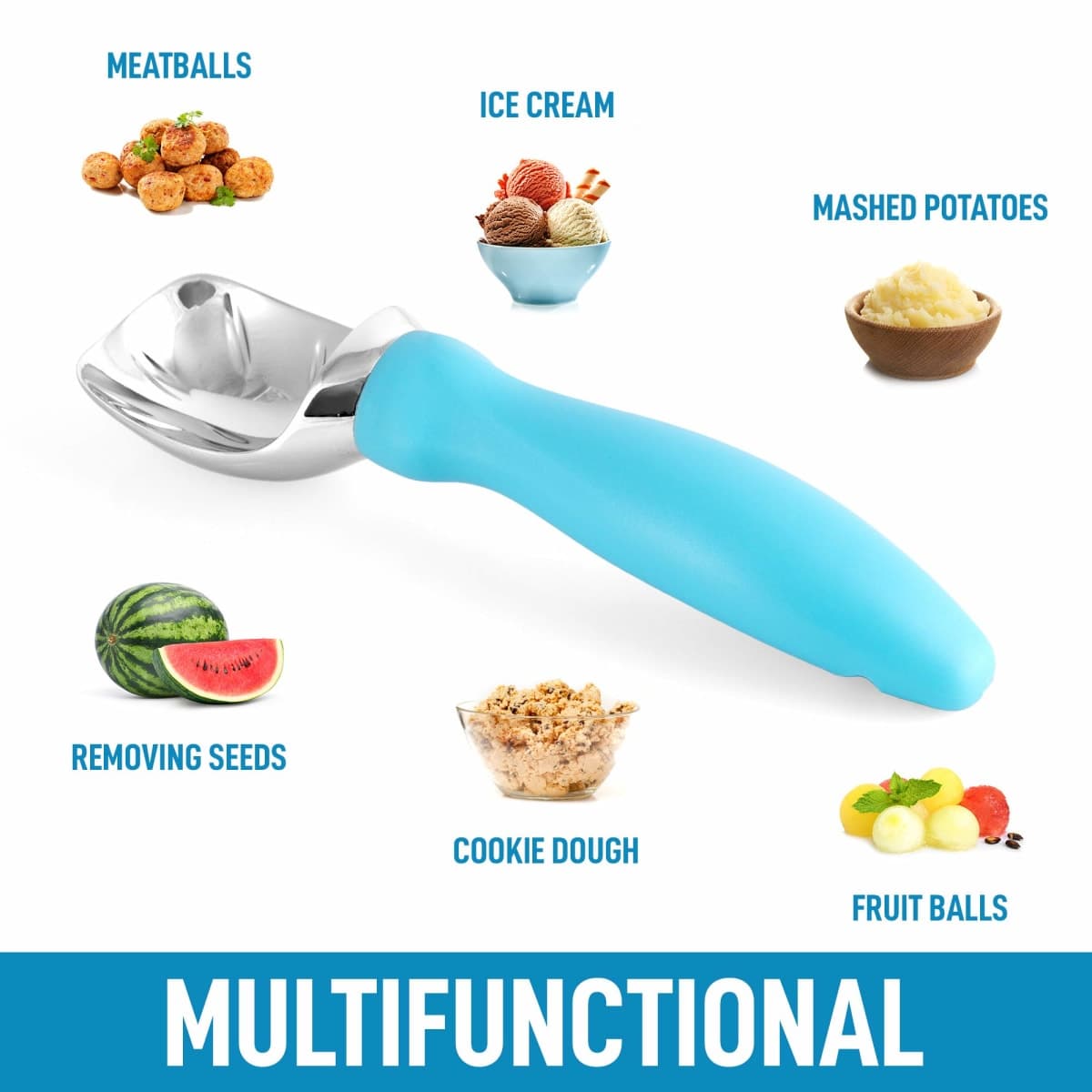 Zulay Ice Cream Scoop With Soft Easy Grip Handle - Ice Cream Scooper With Built-in Lid Opener - Heavy Duty Icecream Scoop With Non-Slip Handle For Soft & Hard Ice Cream (Blue) thumbnail 5