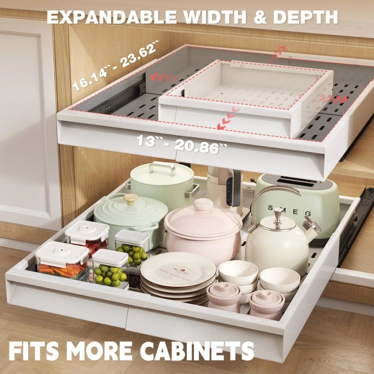 Seinloes Pull Out Cabinet Organizer, 4-Side Expandable to Fit Most Cabinets, 3 Rail Slide Out Drawers with Raising Pad for Framed & Frameless Cabinets, 13"-21" W x 17"-24" D, White, 2 Pack thumbnail 2