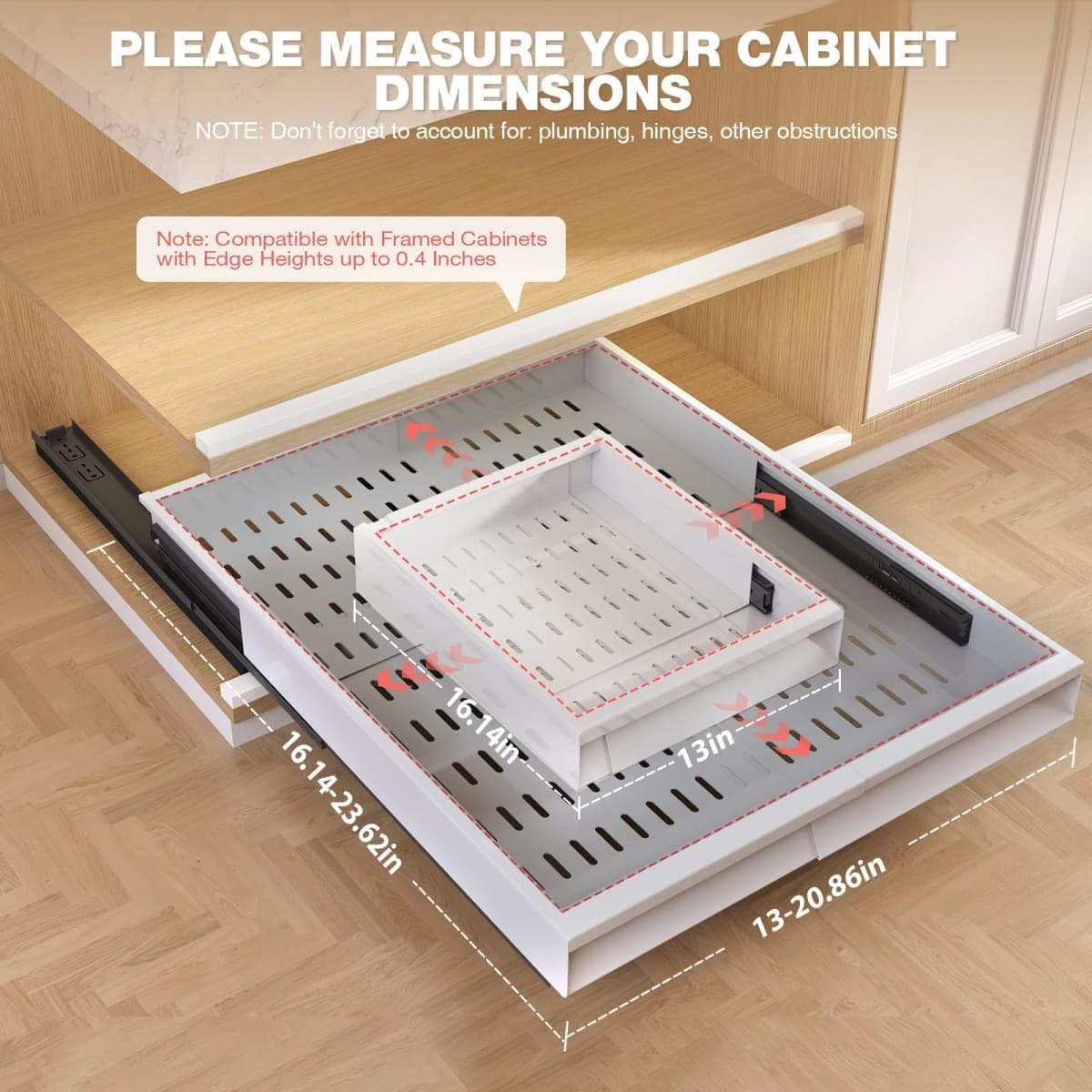 Seinloes Pull Out Cabinet Organizer, 4-Side Expandable to Fit Most Cabinets, 3 Rail Slide Out Drawers with Raising Pad for Framed & Frameless Cabinets, 13"-21" W x 17"-24" D, White, 2 Pack thumbnail 3