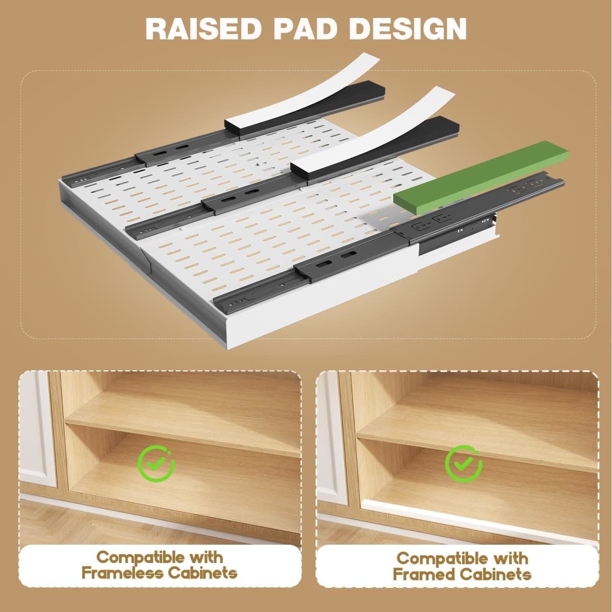Seinloes Pull Out Cabinet Organizer, 4-Side Expandable to Fit Most Cabinets, 3 Rail Slide Out Drawers with Raising Pad for Framed & Frameless Cabinets, 13"-21" W x 17"-24" D, White, 2 Pack thumbnail 4