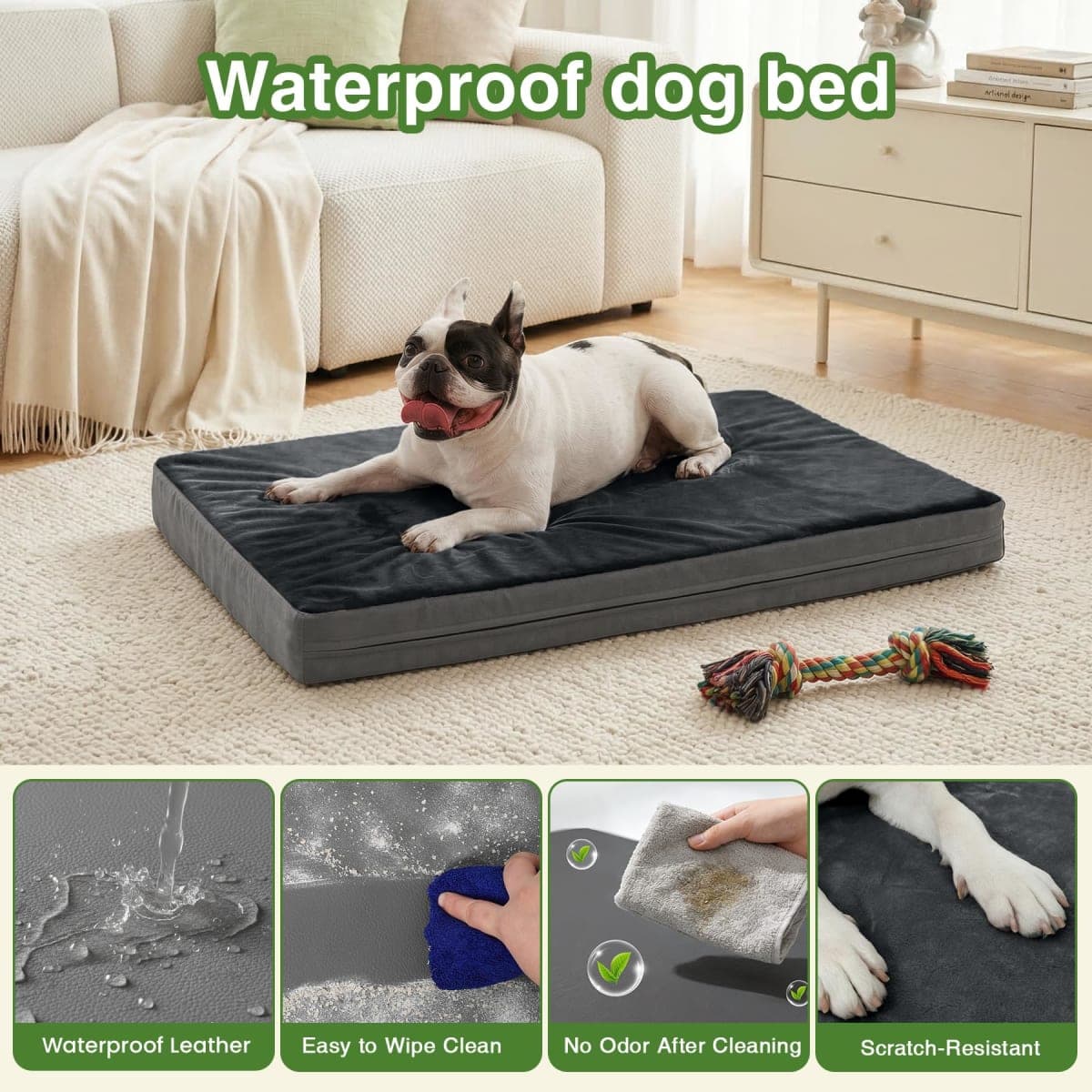 Waterproof Small Dog Bed Crate Pad 24 inch, Washable Puppy Bed Orthopedic with Removable Cover Reversible, Foam Dogs Bed, Cat Bed Kennel Pad 23" x17, Durable Anti-Slip Bottom, Gray thumbnail 2
