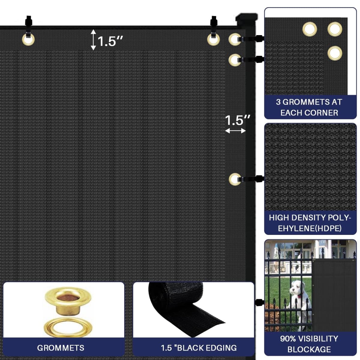 Windscreen4less Heavy Duty Privacy Screen Fence in Color Solid Black 6' x 50' Brass Grommets w/3-Year Warranty 150 GSM (Customized thumbnail 4