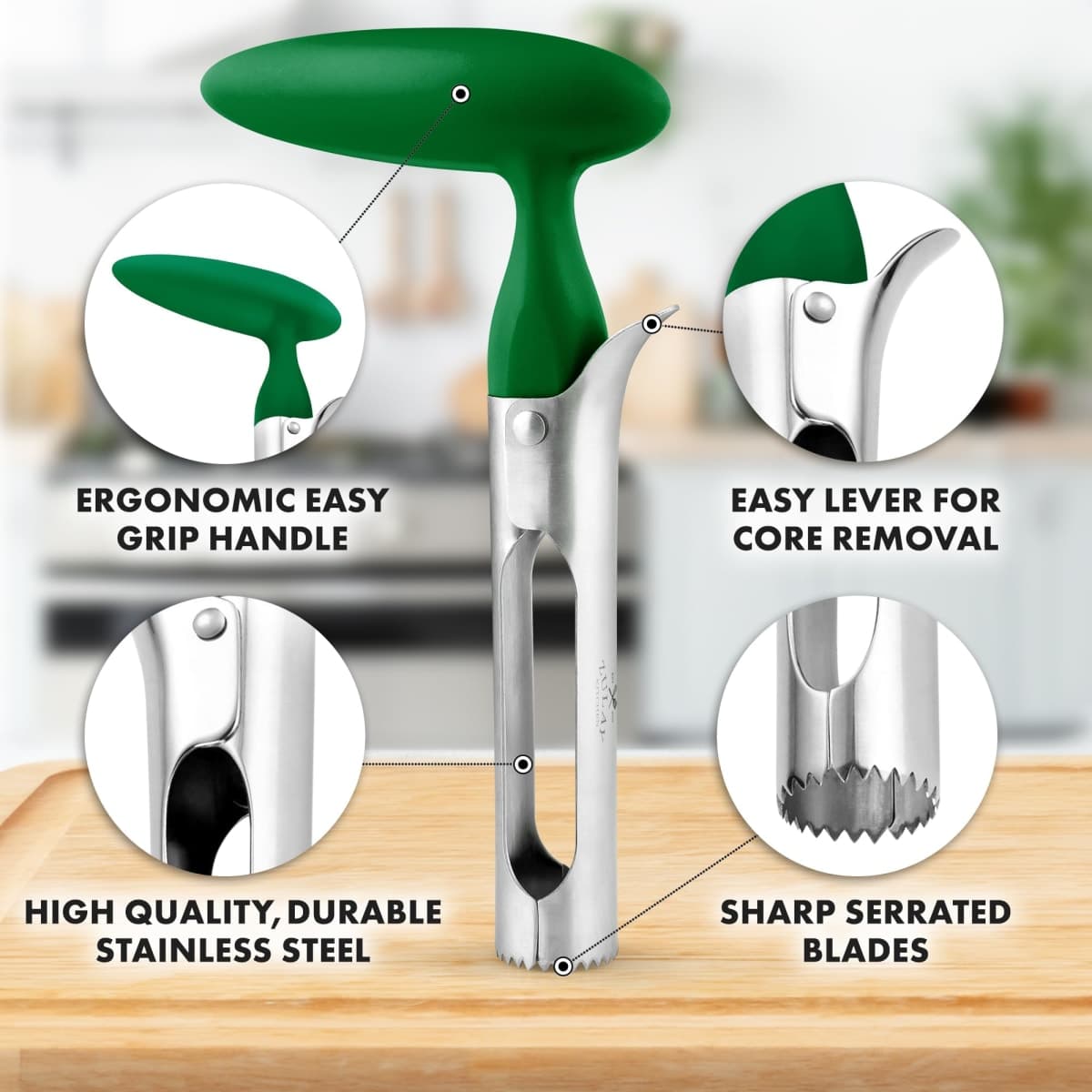 Premium Apple Corer - Easy to Use Durable Apple Corer Remover for Pears, Bell Peppers, Fuji, Honeycrisp, Gala and Pink Lady Apples - Stainless Steel Best Kitchen Gadgets Cupcake Corer - Zulay Green thumbnail 2