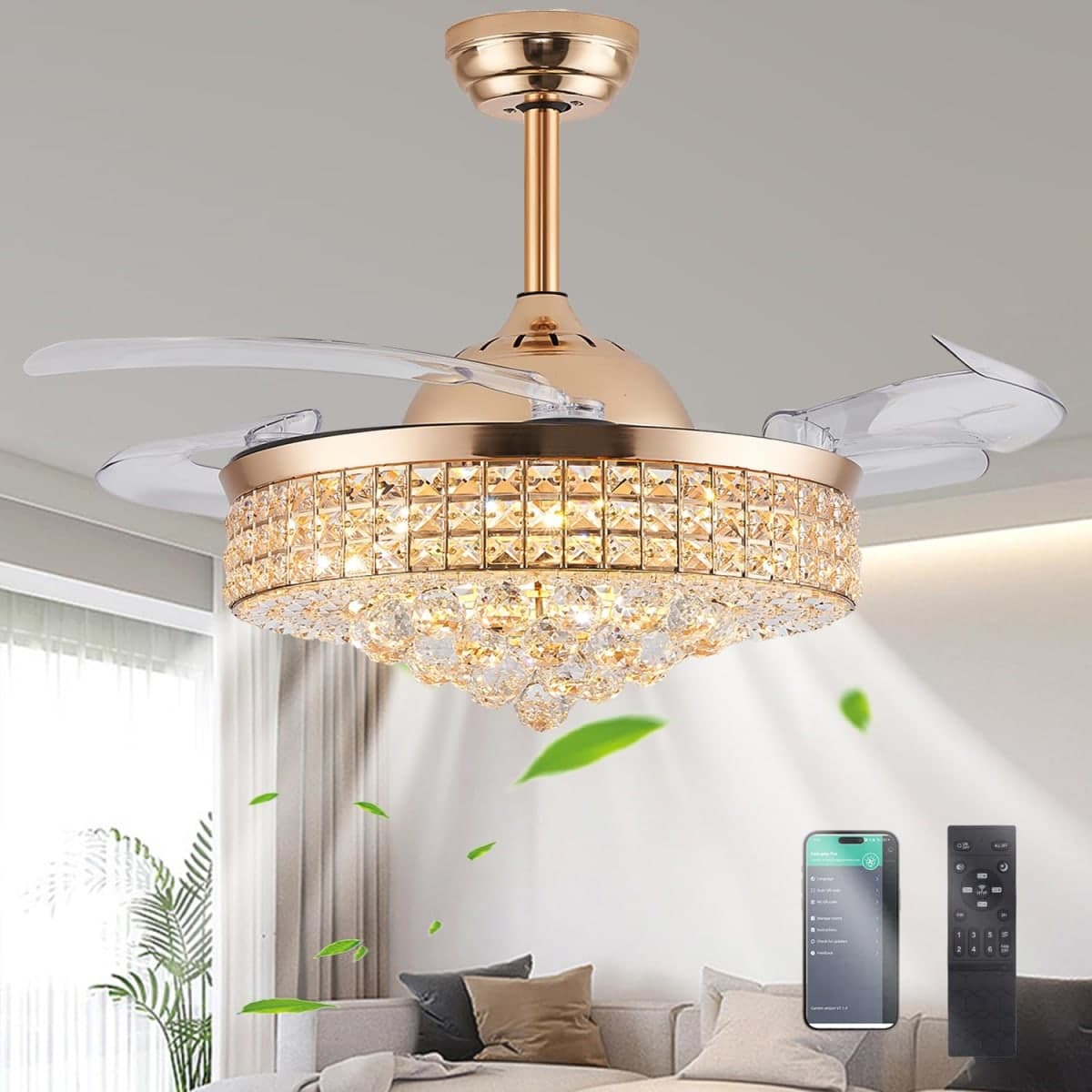 42" Dimmable Gold Fandelier Crystal LED Ceiling Fans with Lights and Remote Modern Retractable Blade Ceiling Lighting Fan Kit for Bedroom Dinning Room Living Room — image 1