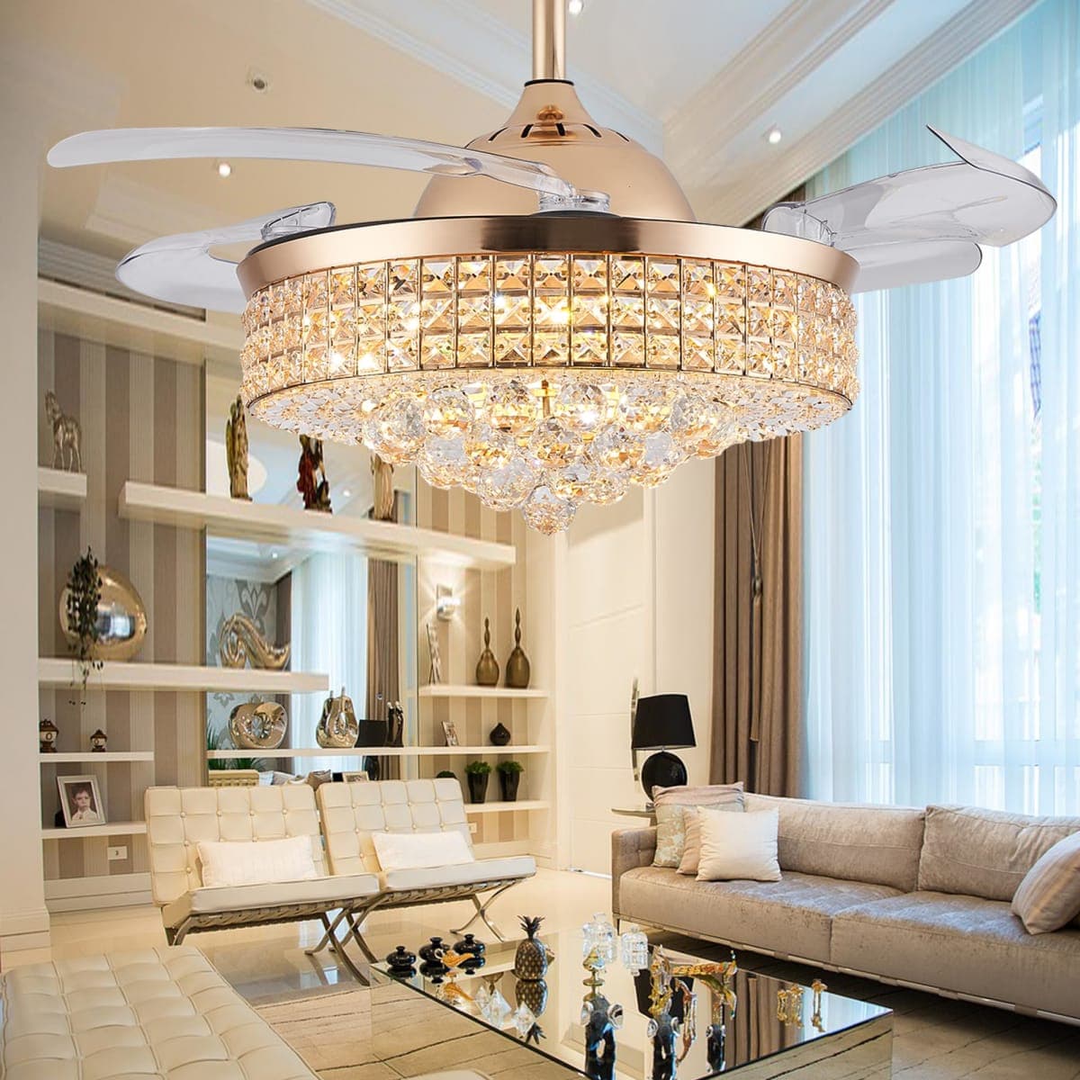 42" Dimmable Gold Fandelier Crystal LED Ceiling Fans with Lights and Remote Modern Retractable Blade Ceiling Lighting Fan Kit for Bedroom Dinning Room Living Room thumbnail 2