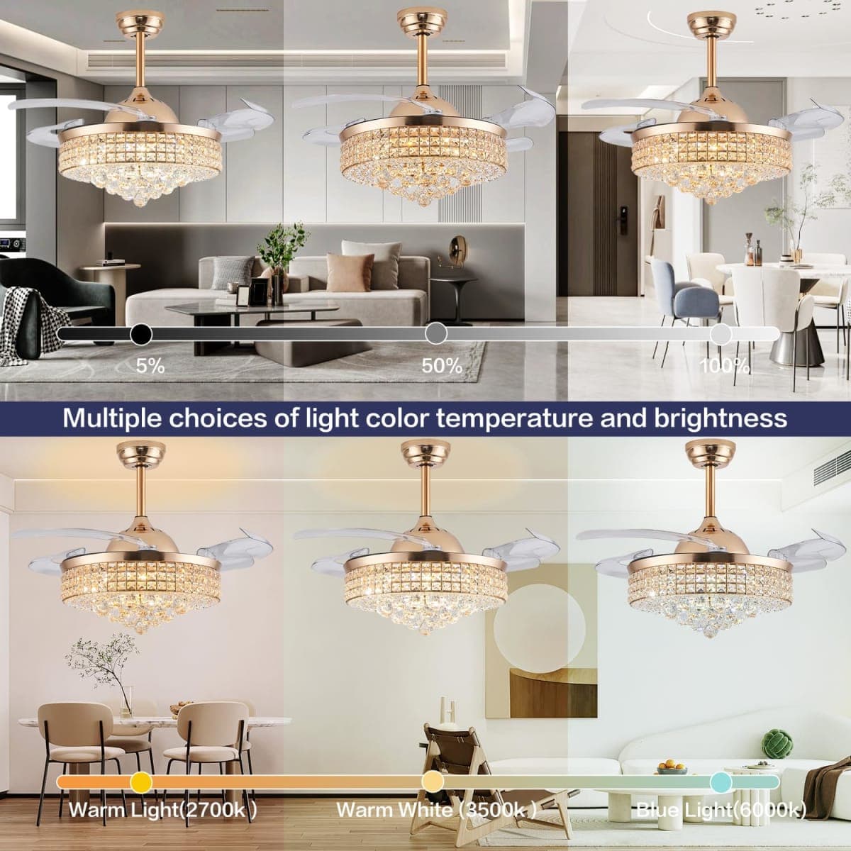 42" Dimmable Gold Fandelier Crystal LED Ceiling Fans with Lights and Remote Modern Retractable Blade Ceiling Lighting Fan Kit for Bedroom Dinning Room Living Room thumbnail 4