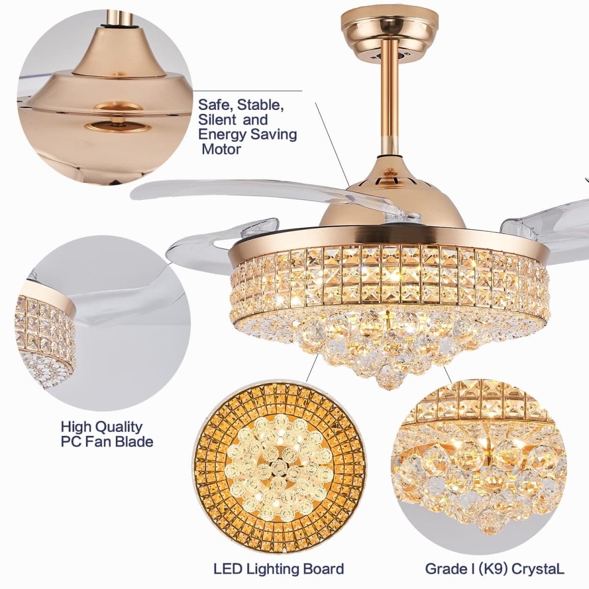 42" Dimmable Gold Fandelier Crystal LED Ceiling Fans with Lights and Remote Modern Retractable Blade Ceiling Lighting Fan Kit for Bedroom Dinning Room Living Room thumbnail 5