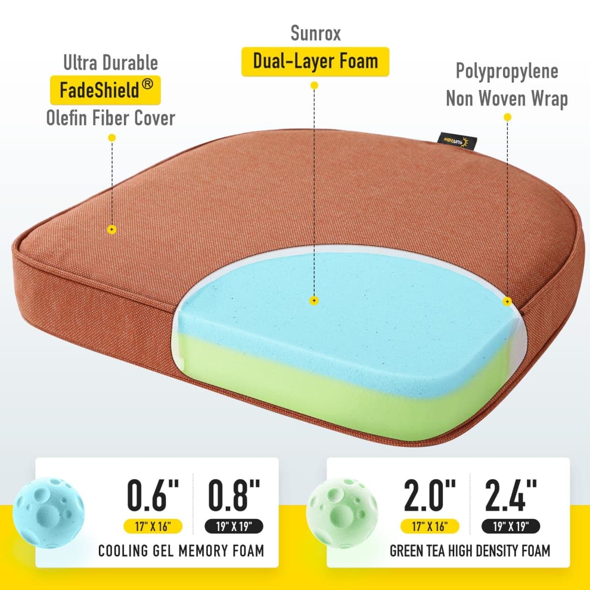 SUNROX Gel Memory Foam Chair Cushions, FadeShield Water-, Stain-Resistant Durable Reversible Seat Cushion Pads with Ties for Indoor/Outdoor Kitchen Dining Office 17"x16" Set of 4, Terracotta thumbnail 2