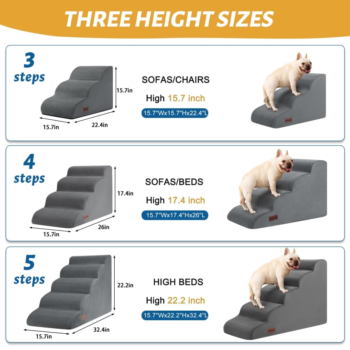 3 Tiers Dog Stairs and Ramp for Small Dogs, Non-Slip Pet Stairs for Beds Or Couches, Pet Steps for Injured Dogs, Elderly Pets, Small Cats, Easy to Walk thumbnail 3