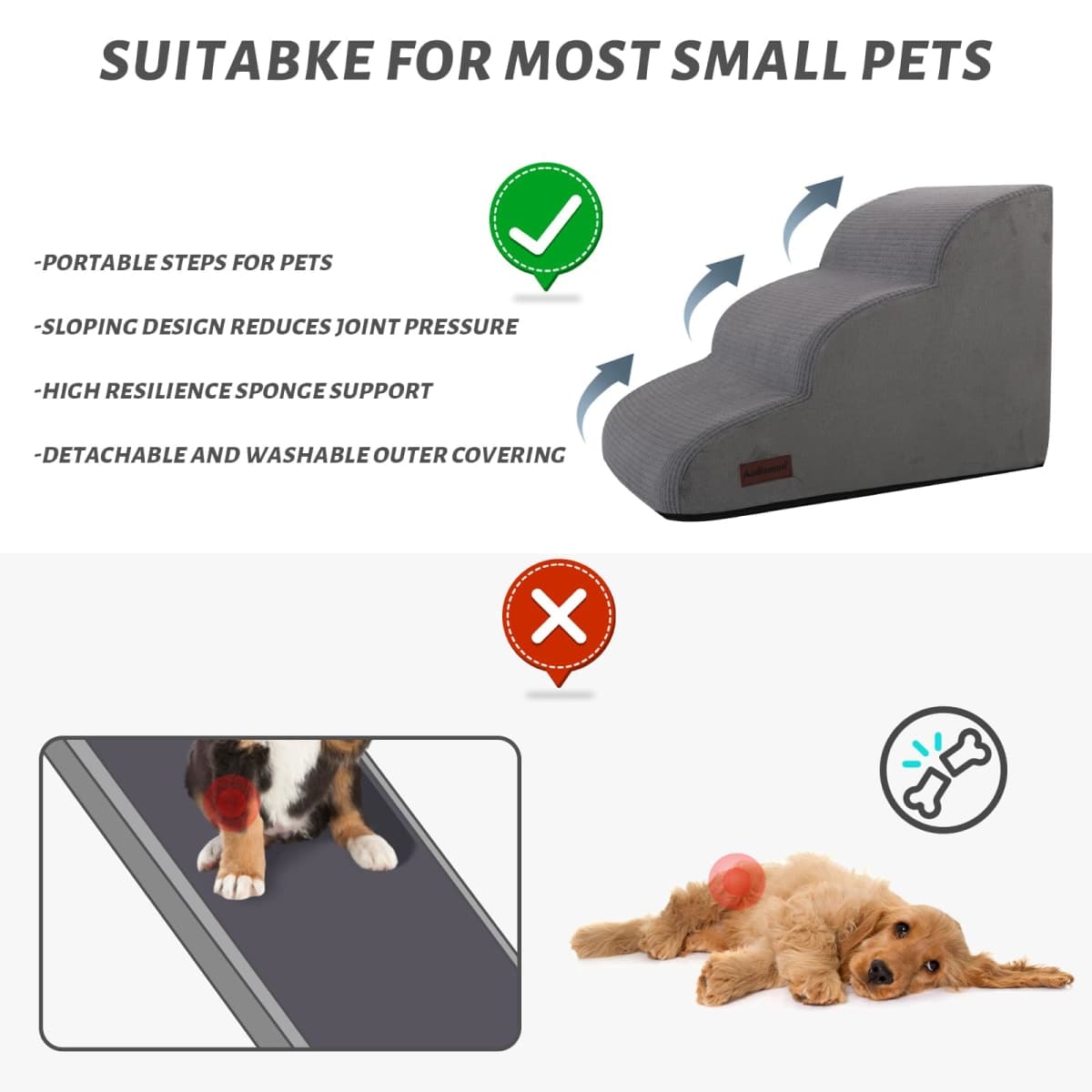 3 Tiers Dog Stairs and Ramp for Small Dogs, Non-Slip Pet Stairs for Beds Or Couches, Pet Steps for Injured Dogs, Elderly Pets, Small Cats, Easy to Walk thumbnail 4