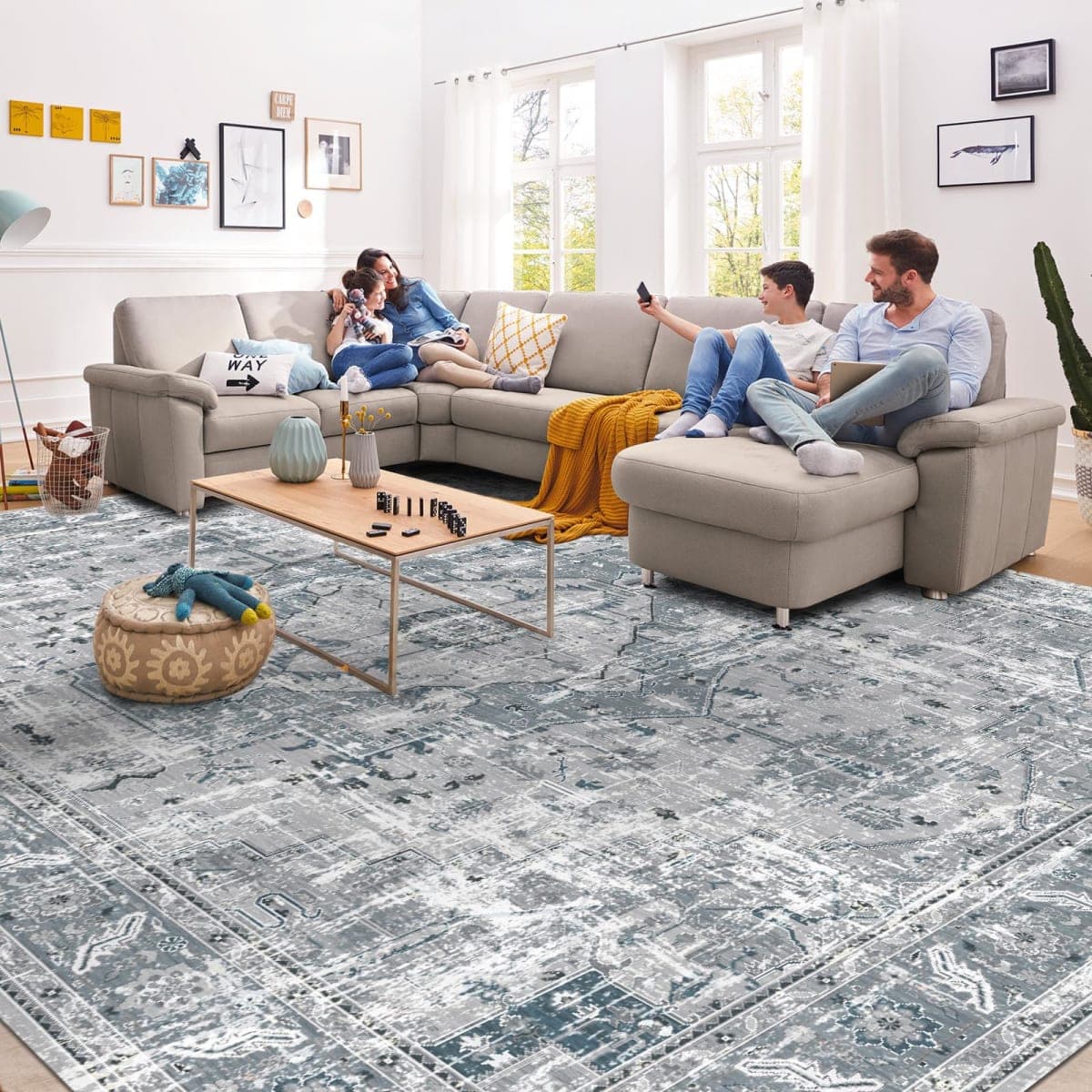 Living Room Area Rugs Boho Washable Vintage Sage Green 8x10 Neutral Modern Non Slip Carpet for Nursery Dining Room Bedroom Farmhouse thumbnail 2