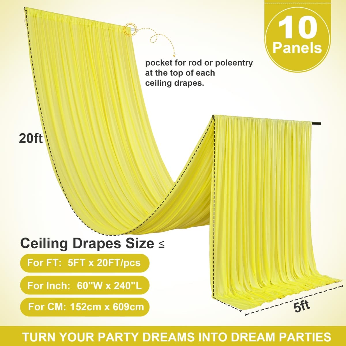 10 Panels 5ft(W) x 20ft(H) Light Yellow Ceiling Drapes for Wedding Parties thumbnail 3