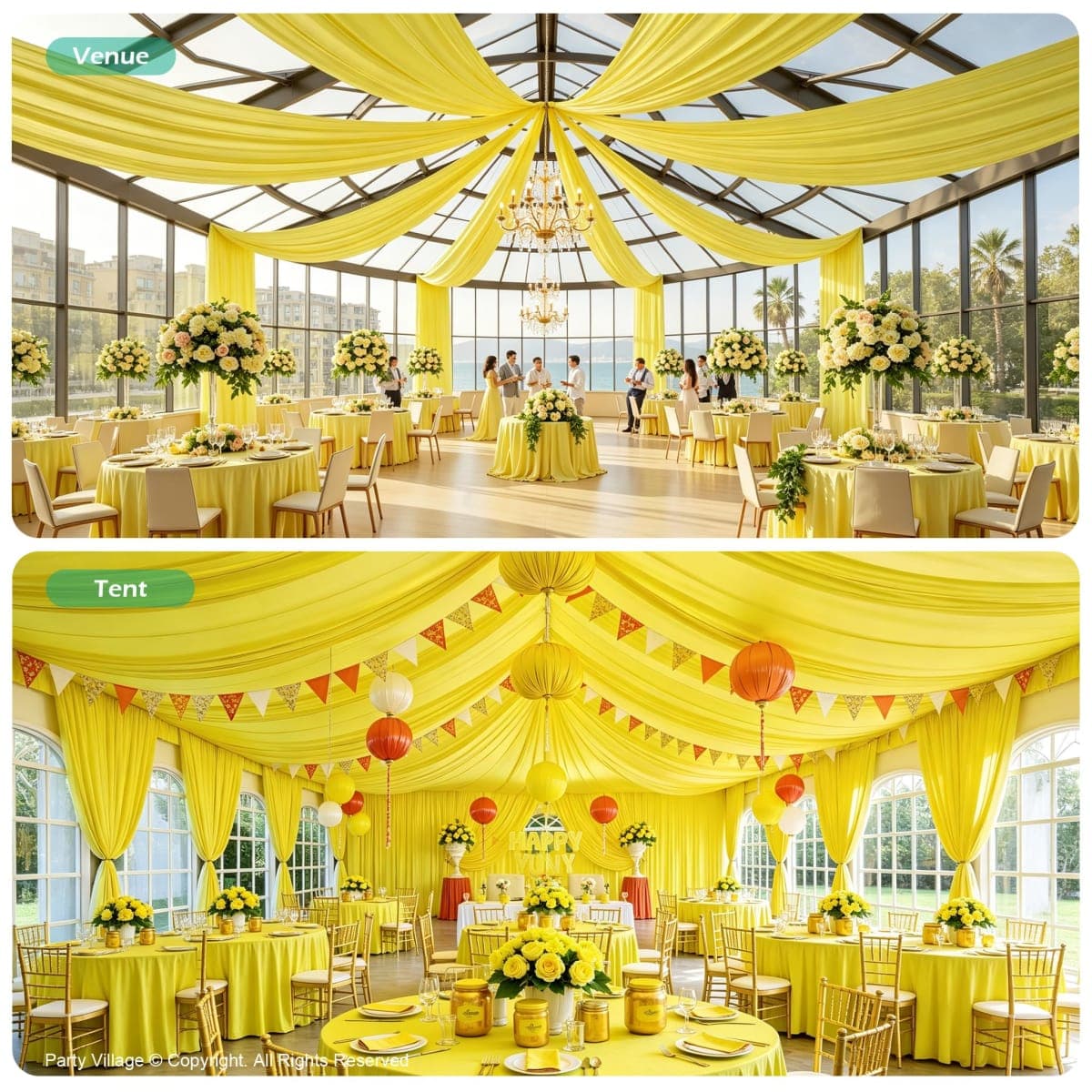 10 Panels 5ft(W) x 20ft(H) Light Yellow Ceiling Drapes for Wedding Parties thumbnail 5