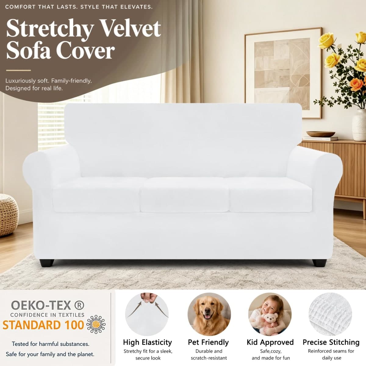 YEMYHOM Real Velvet 4 Pieces Couch Covers for 3 Cushion Couch Super Stretch Thick Soft Sofa Cover Anti Slip Sofa Slipcover Dogs Cats Furniture Protector (Sofa, White) thumbnail 2