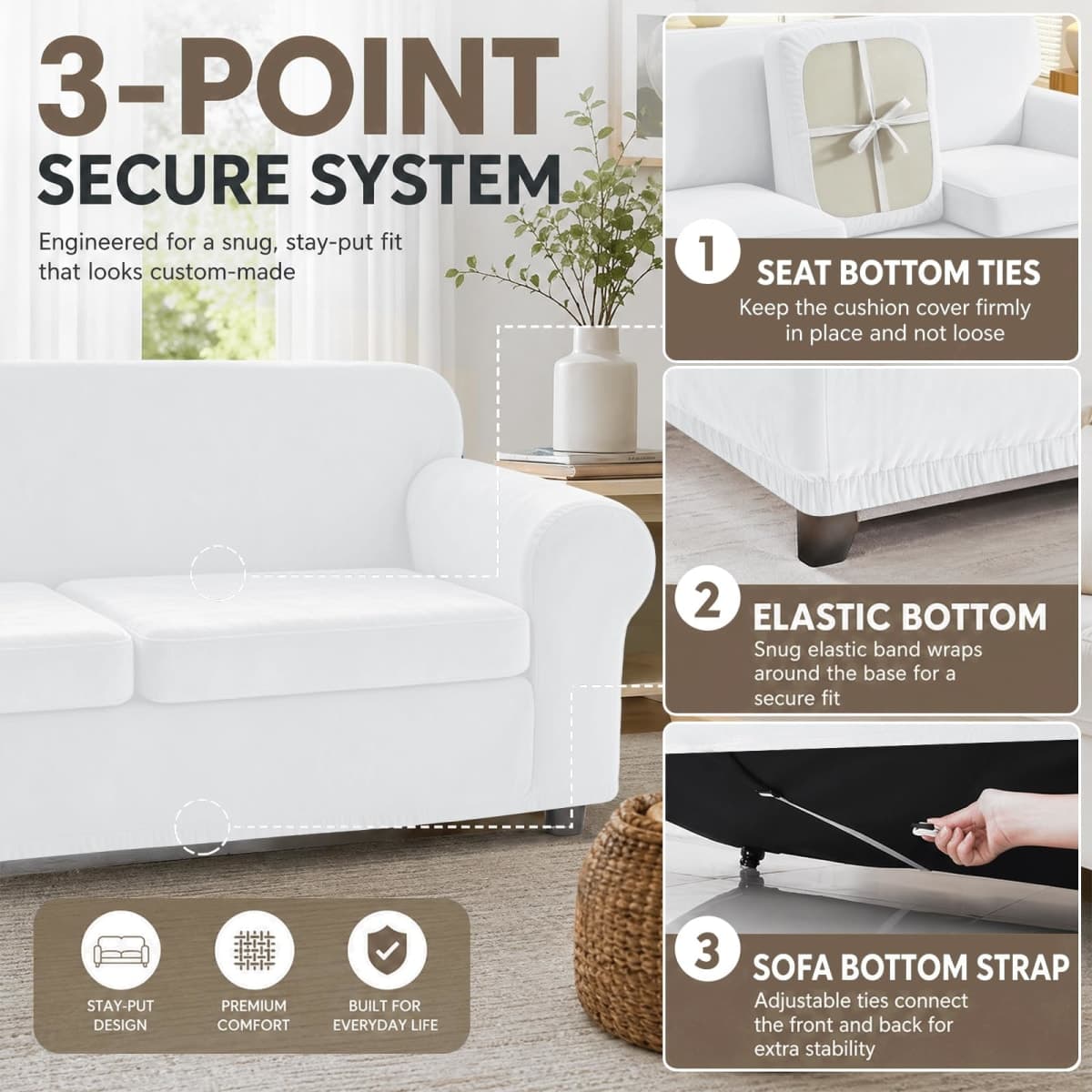 YEMYHOM Real Velvet 4 Pieces Couch Covers for 3 Cushion Couch Super Stretch Thick Soft Sofa Cover Anti Slip Sofa Slipcover Dogs Cats Furniture Protector (Sofa, White) thumbnail 4