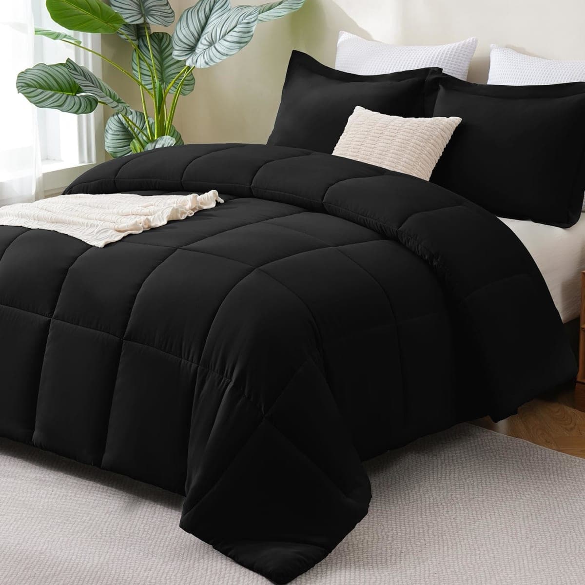 CozyLux Queen Comforter Set, 3-Piece Box-Stitched, Black — image 1