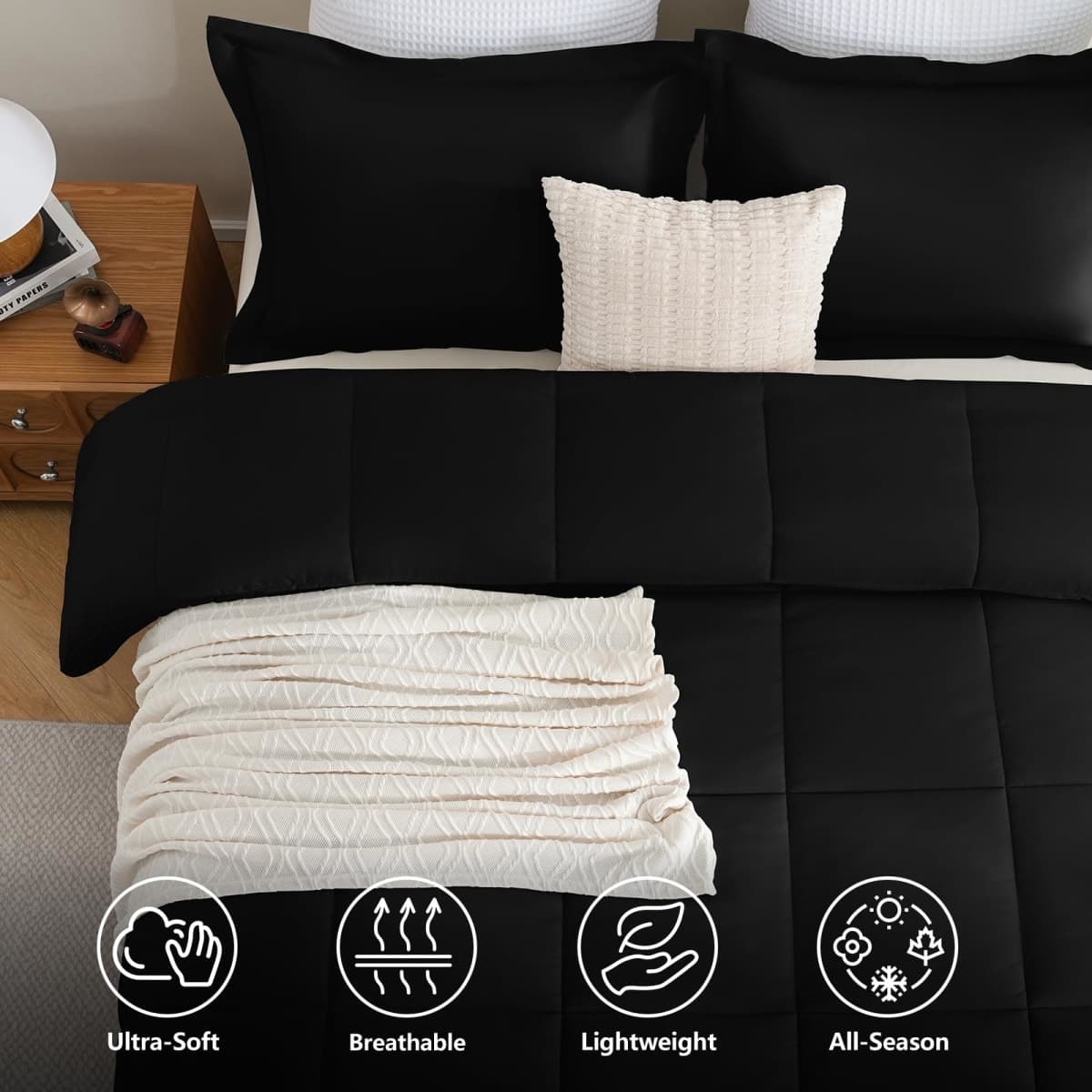 CozyLux Queen Comforter Set, 3-Piece Box-Stitched, Black thumbnail 2