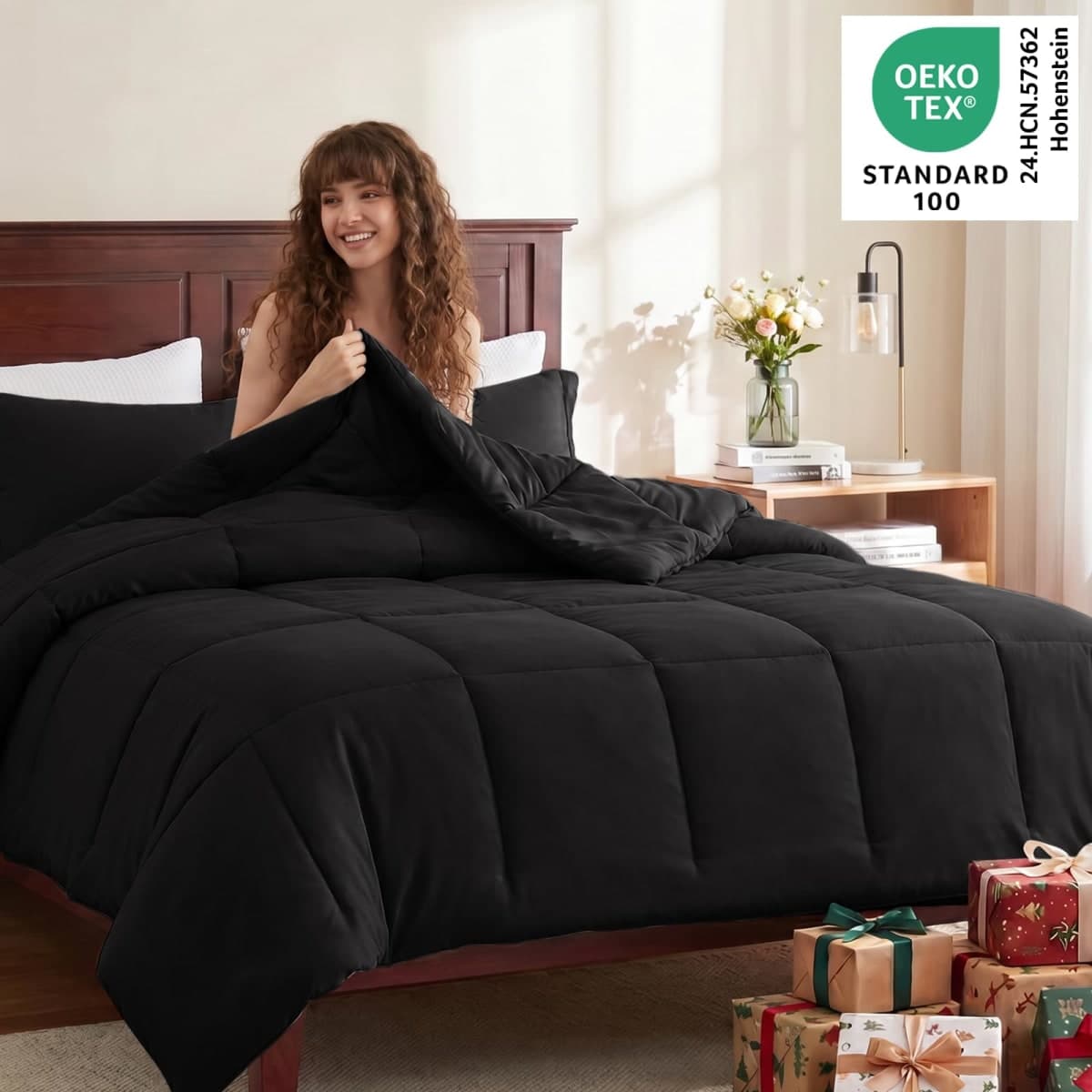 CozyLux Queen Comforter Set, 3-Piece Box-Stitched, Black thumbnail 3