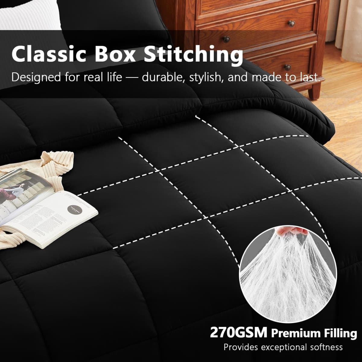 CozyLux Queen Comforter Set, 3-Piece Box-Stitched, Black thumbnail 4