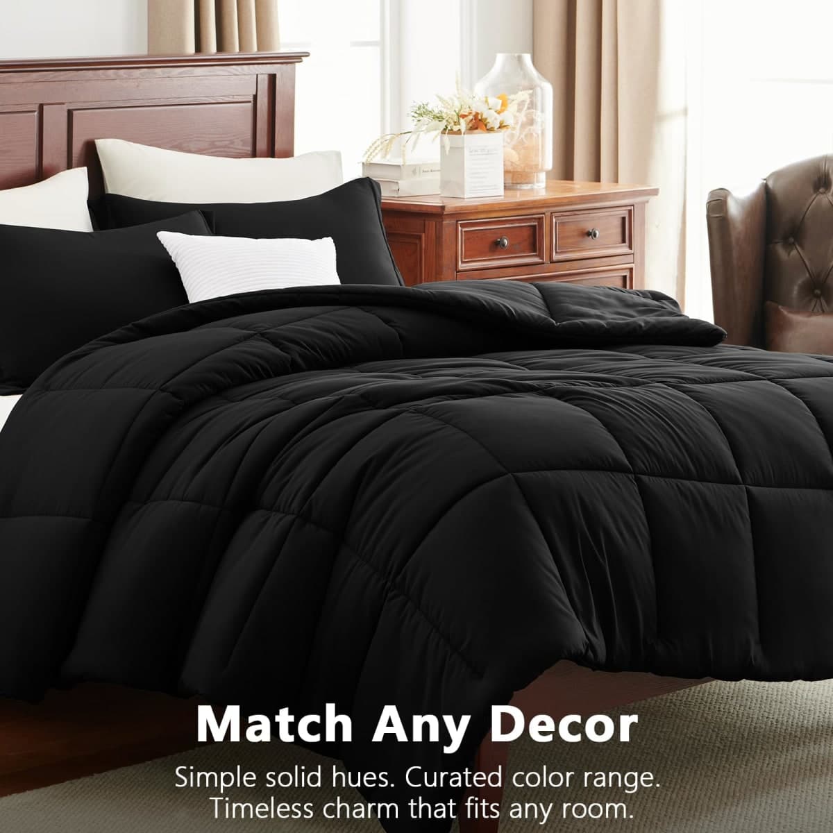 CozyLux Queen Comforter Set, 3-Piece Box-Stitched, Black thumbnail 5