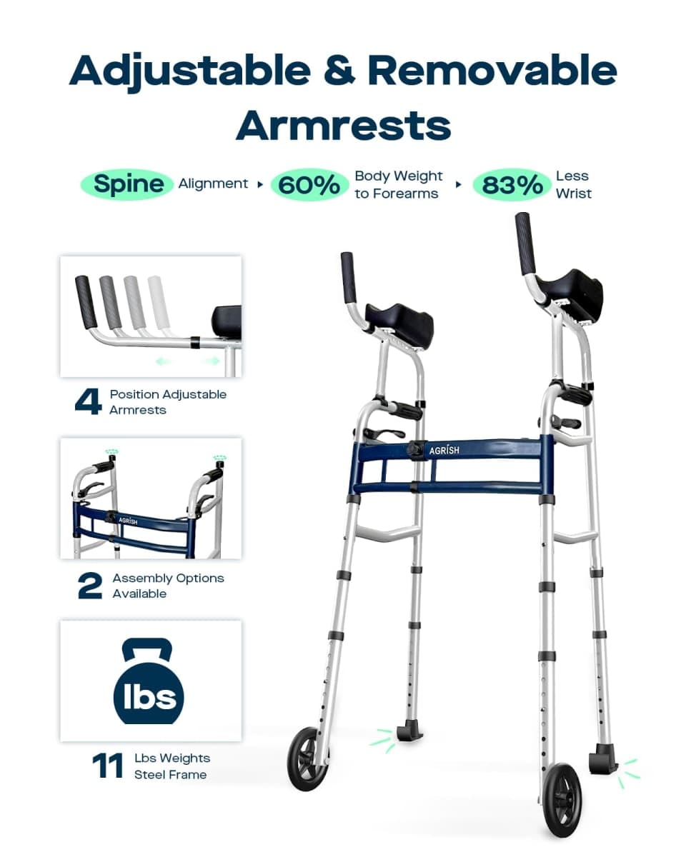 Narrow Walker Folding Upright Walker - with Removable Armrests, 450LBS Heavy Duty, Width & Height Adjustable Narrow Walkers for Seniors, Disabled, Bariatric thumbnail 2