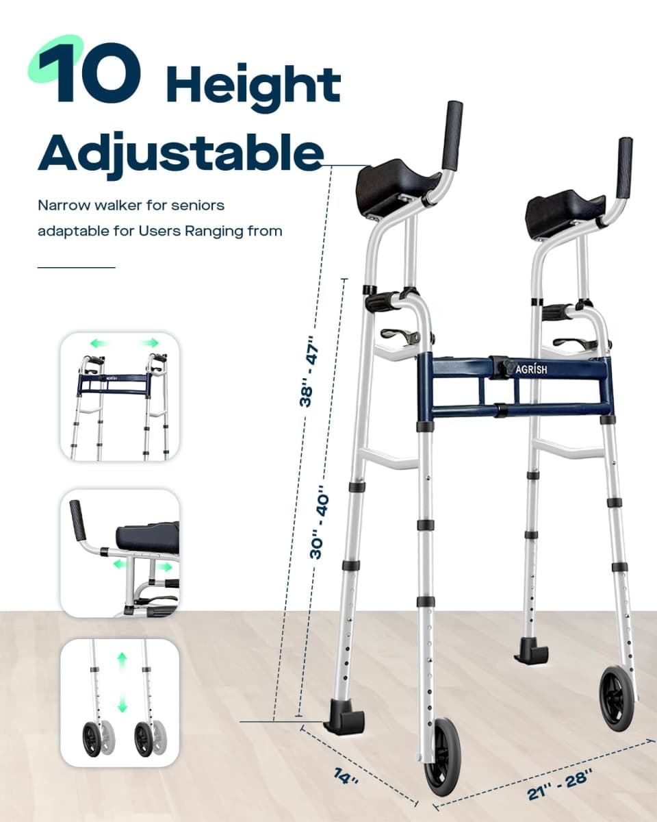 Narrow Walker Folding Upright Walker - with Removable Armrests, 450LBS Heavy Duty, Width & Height Adjustable Narrow Walkers for Seniors, Disabled, Bariatric thumbnail 3