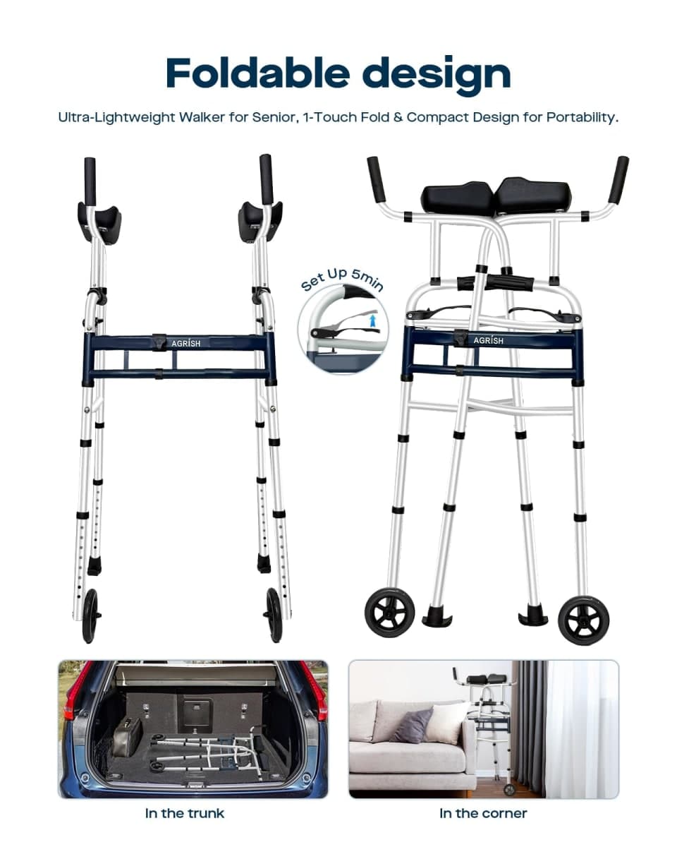 Narrow Walker Folding Upright Walker - with Removable Armrests, 450LBS Heavy Duty, Width & Height Adjustable Narrow Walkers for Seniors, Disabled, Bariatric thumbnail 5