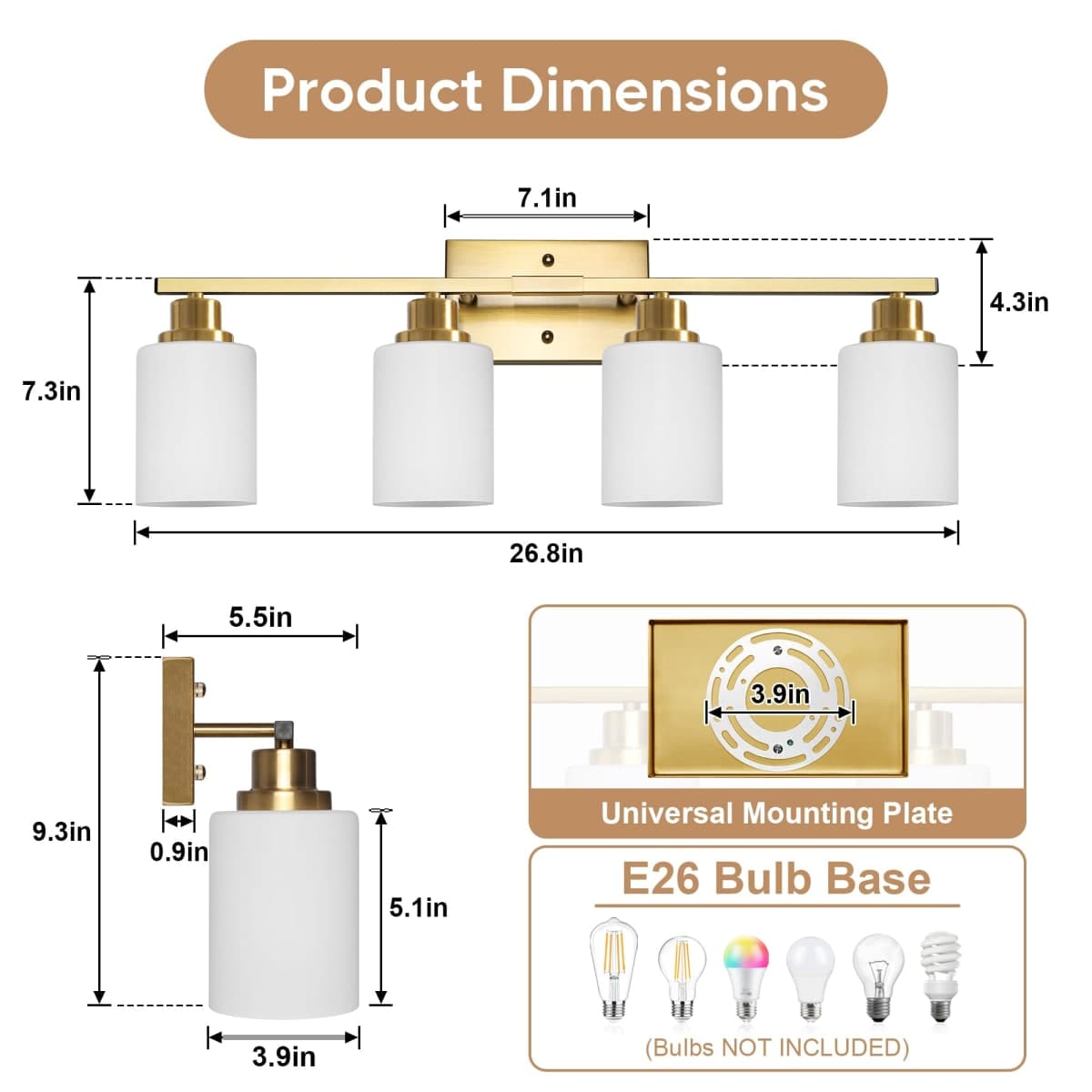 Ascher Bathroom Light Fixtures, 4-Light Vanity Light Over Mirror, Gold Wall Sconces with Milky White Frosted Glass Shades, Wall Lamp for Living Room Bedroom, E26 Base(Bulbs Not Included) thumbnail 2