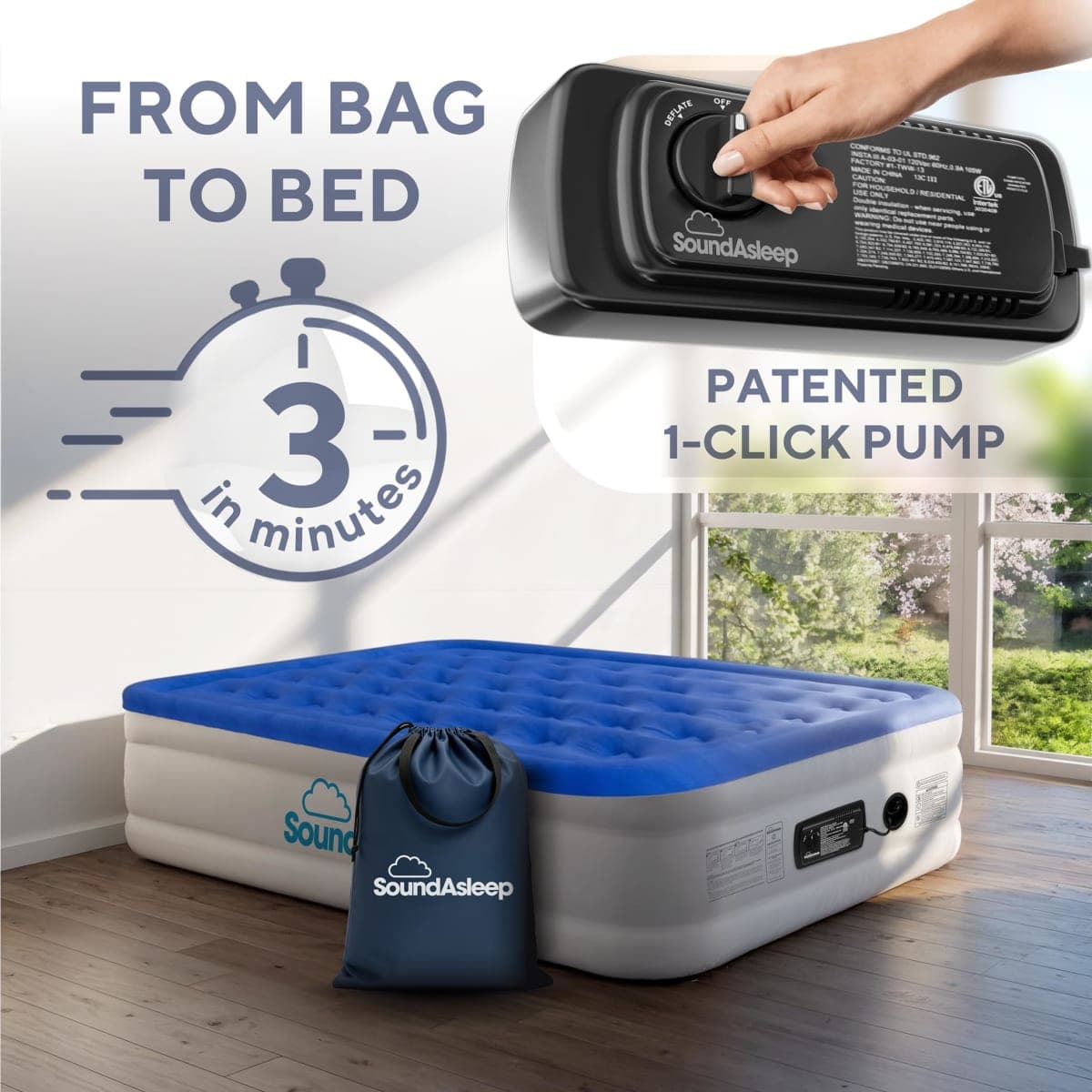 SoundAsleep Products Dream Series Air Mattress with ComfortCoil Technology and Internal Built in High Capacity Pump - Foldable, Inflatable, Durable - Queen Size thumbnail 2