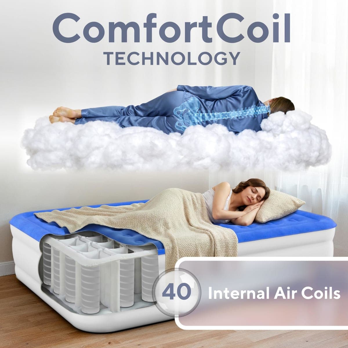 SoundAsleep Products Dream Series Air Mattress with ComfortCoil Technology and Internal Built in High Capacity Pump - Foldable, Inflatable, Durable - Queen Size thumbnail 4