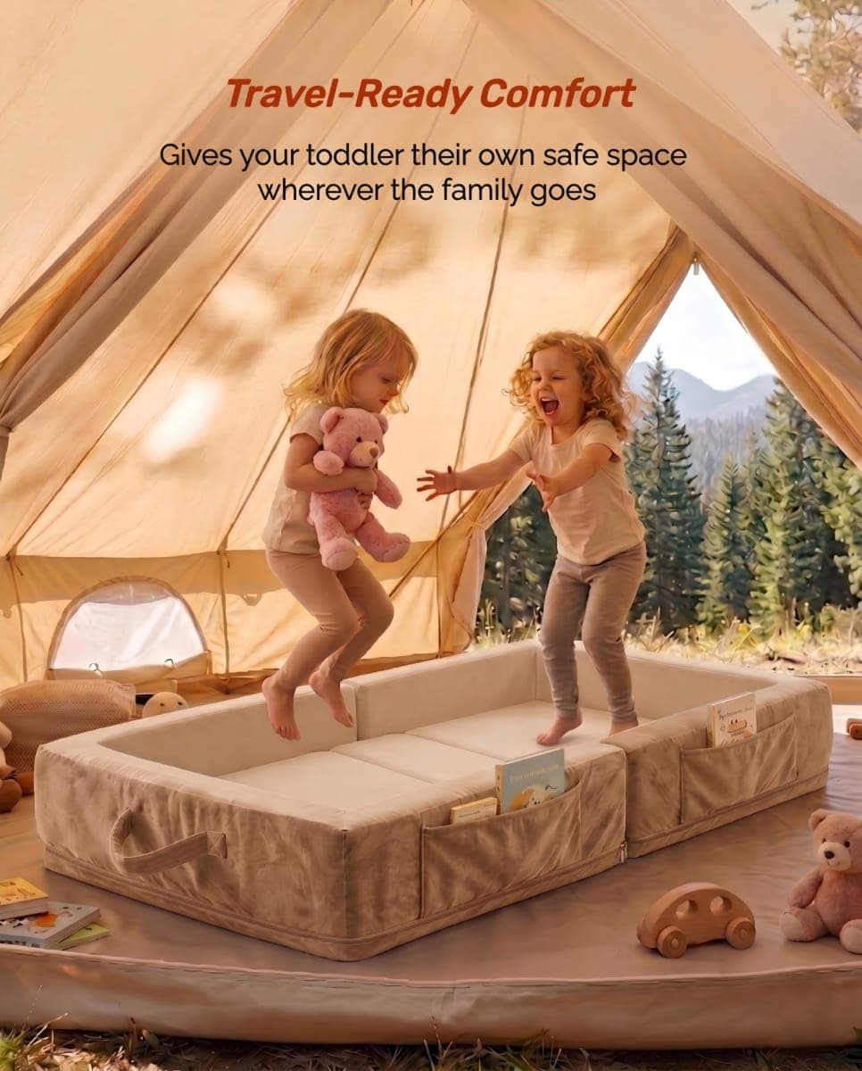 Beantown Toddler Portable Travel Bed - Foldable & Washable Floor Bed, Beige thumbnail 2