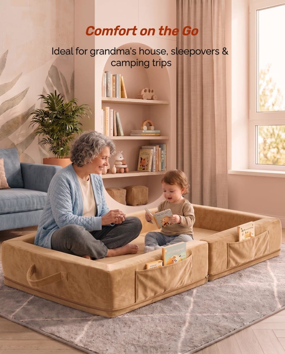 Beantown Toddler Portable Travel Bed - Foldable & Washable Floor Bed, Beige thumbnail 3