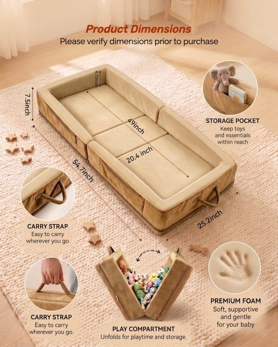 Beantown Toddler Portable Travel Bed - Foldable & Washable Floor Bed, Beige thumbnail 5