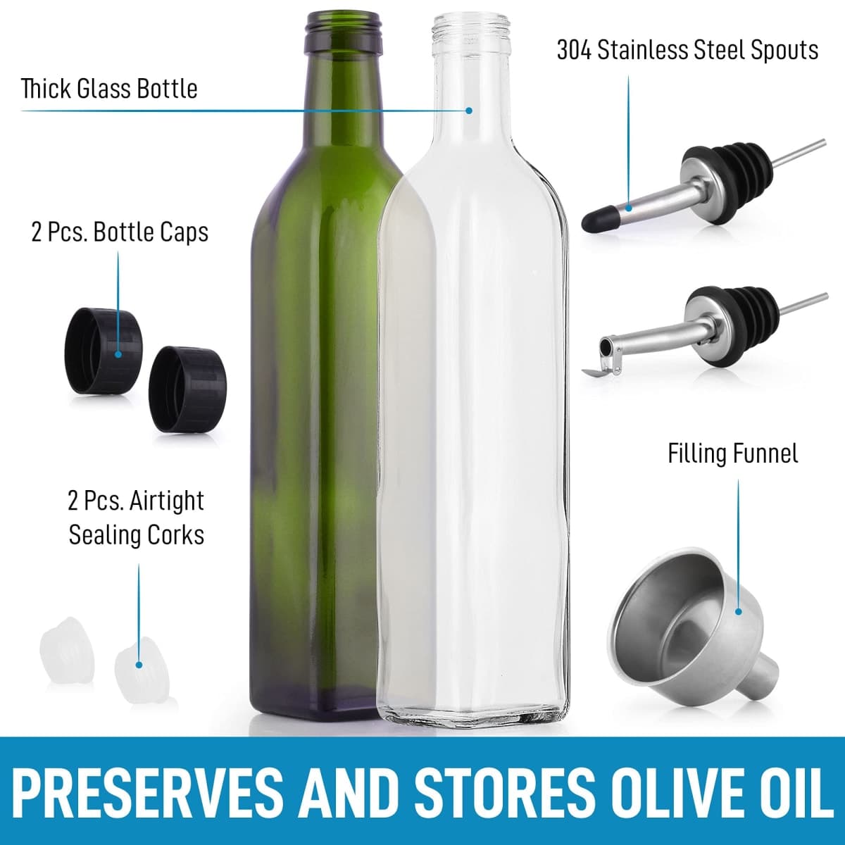 (2 pack) Zulay 17oz Olive Oil Dispenser Bottle For Kitchen - Glass Olive Oil Bottles With 2 Spouts, 2 Removable Corks, 2 Caps, & 1 Funnel - Oil Bottle For Kitchen & Storing Liquids thumbnail 2