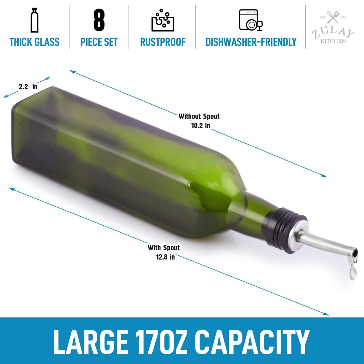 (2 pack) Zulay 17oz Olive Oil Dispenser Bottle For Kitchen - Glass Olive Oil Bottles With 2 Spouts, 2 Removable Corks, 2 Caps, & 1 Funnel - Oil Bottle For Kitchen & Storing Liquids thumbnail 3