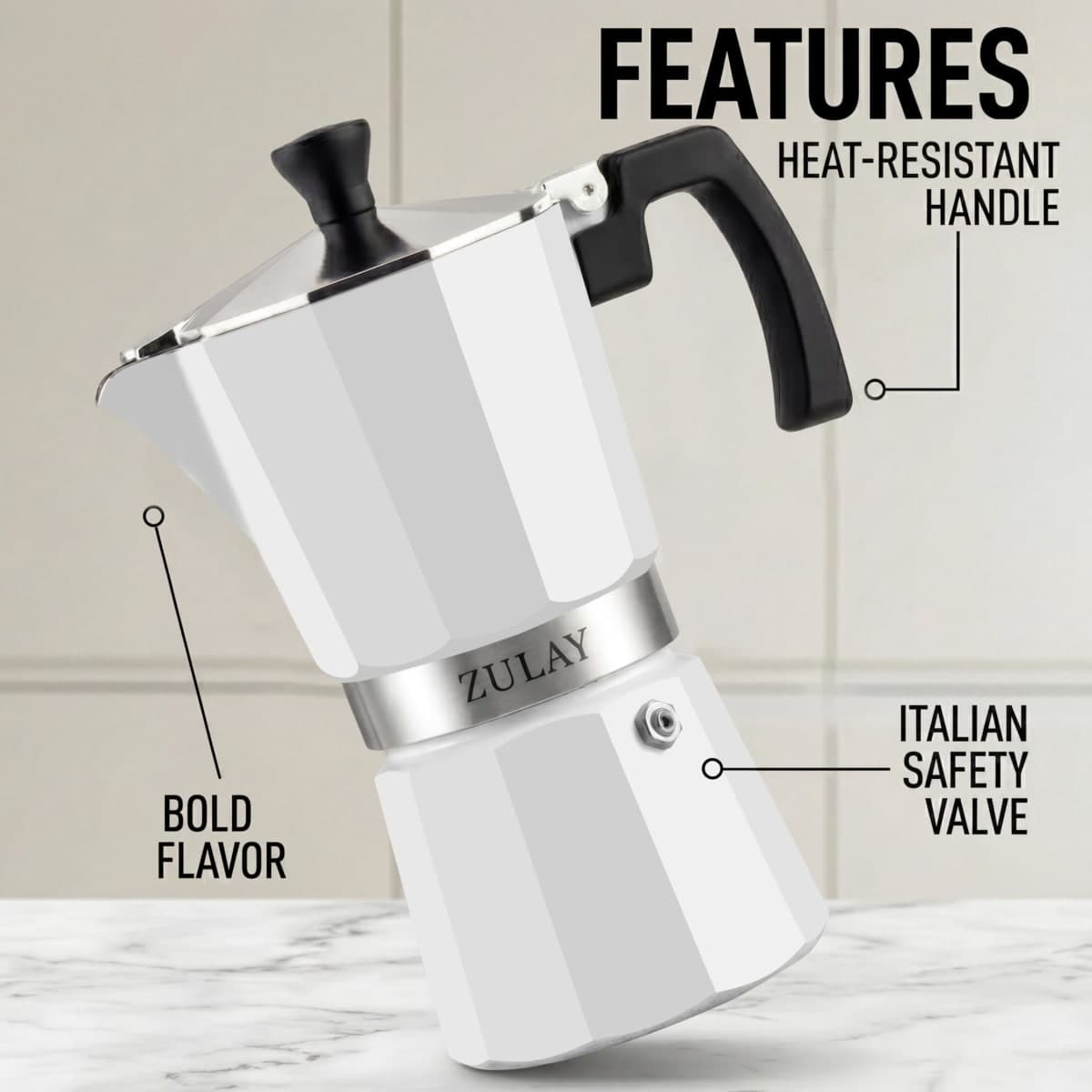 Zulay Moka Pot Espresso Stovetop Coffee Maker - Leak-Proof, Stainless Steel, Easy to Clean, Heat Resistant Handle & Knob - for Authentic Cuban & Italian Style Espresso - Makes 9 Espresso Cups - White thumbnail 2