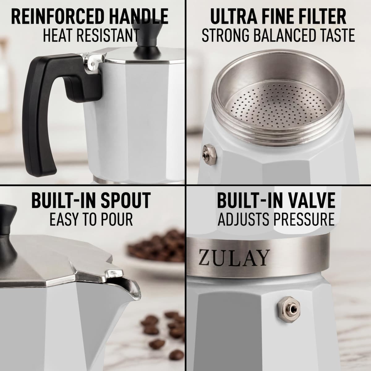 Zulay Moka Pot Espresso Stovetop Coffee Maker - Leak-Proof, Stainless Steel, Easy to Clean, Heat Resistant Handle & Knob - for Authentic Cuban & Italian Style Espresso - Makes 9 Espresso Cups - White thumbnail 3