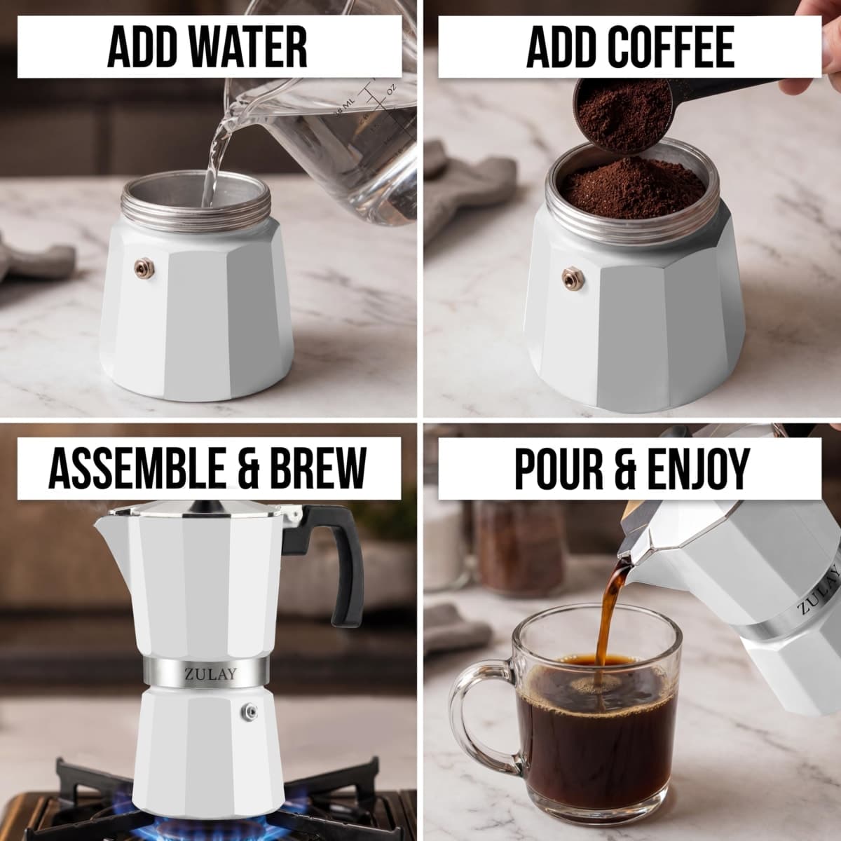 Zulay Moka Pot Espresso Stovetop Coffee Maker - Leak-Proof, Stainless Steel, Easy to Clean, Heat Resistant Handle & Knob - for Authentic Cuban & Italian Style Espresso - Makes 9 Espresso Cups - White thumbnail 4