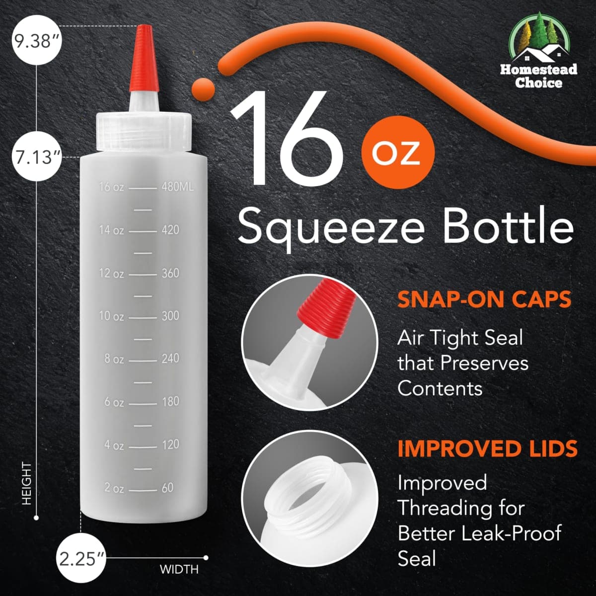 2-pack Plastic Squeeze Bottles for Sauces - 16 OZ Condiment Squeeze Bottles for Liquids - Made in USA - BPA Free Squirt Bottles with Cap - Ketchup, Syrup, Oil, Dressings, Honey & Arts and Crafts thumbnail 2