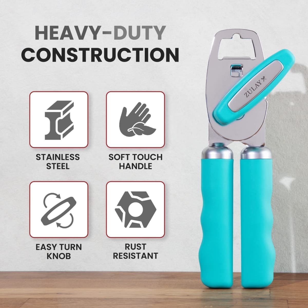 Zulay Kitchen Heavy Duty Stainless Steel Can Opener Manual with Bottle Opener - Rust Proof Manual Can Opener with Turn Knob & Soft Grip Handles - Turquoise thumbnail 3