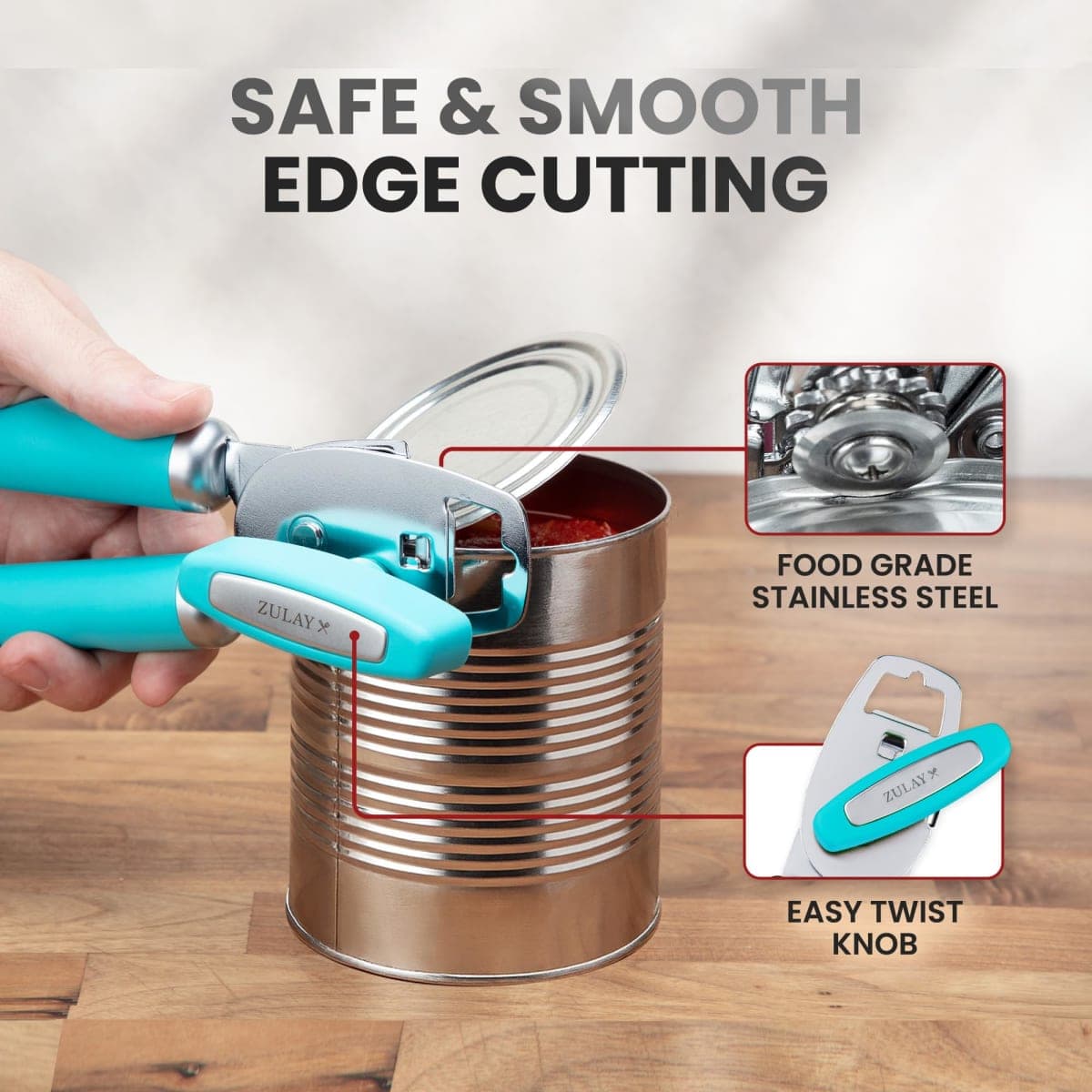 Zulay Kitchen Heavy Duty Stainless Steel Can Opener Manual with Bottle Opener - Rust Proof Manual Can Opener with Turn Knob & Soft Grip Handles - Turquoise thumbnail 4