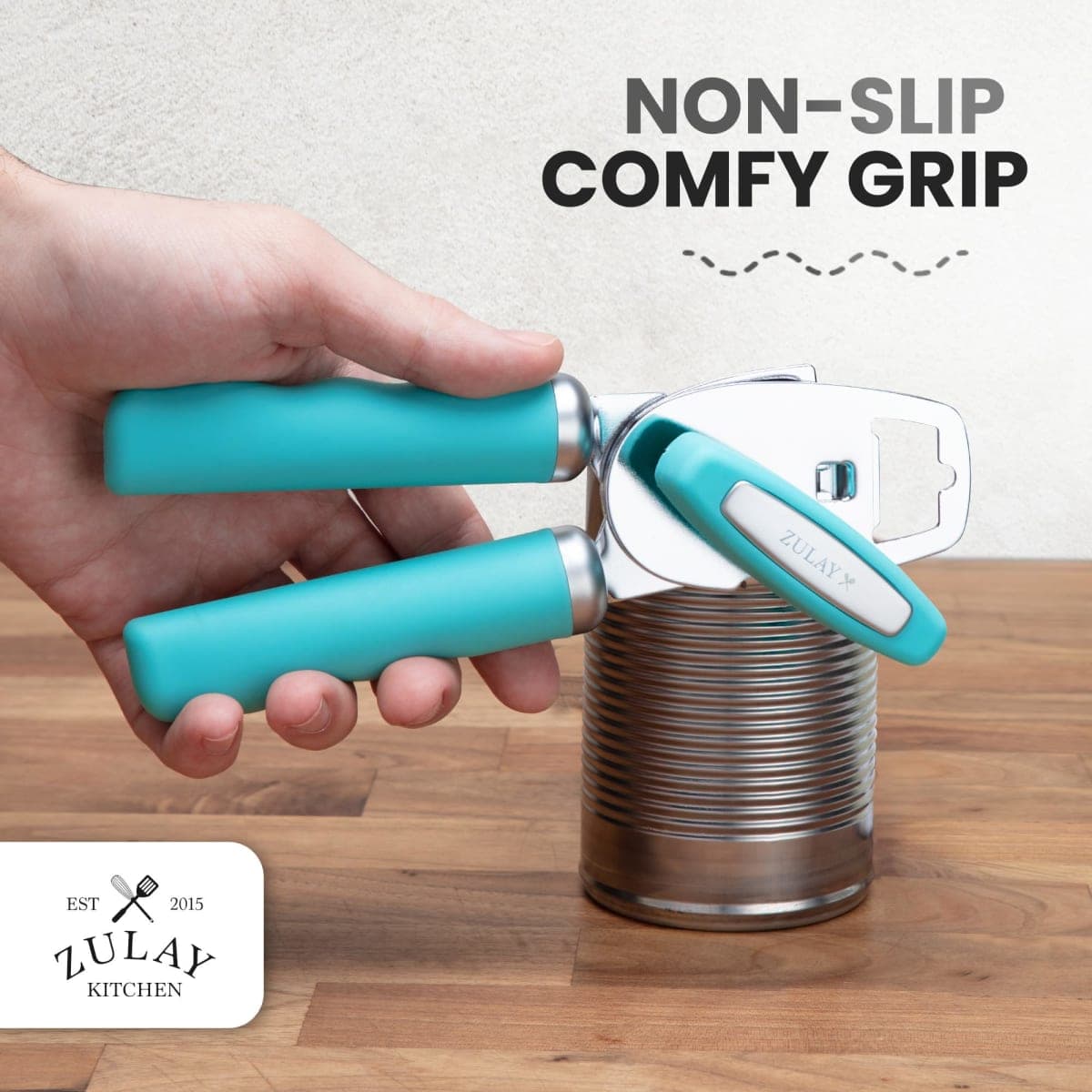 Zulay Kitchen Heavy Duty Stainless Steel Can Opener Manual with Bottle Opener - Rust Proof Manual Can Opener with Turn Knob & Soft Grip Handles - Turquoise thumbnail 5