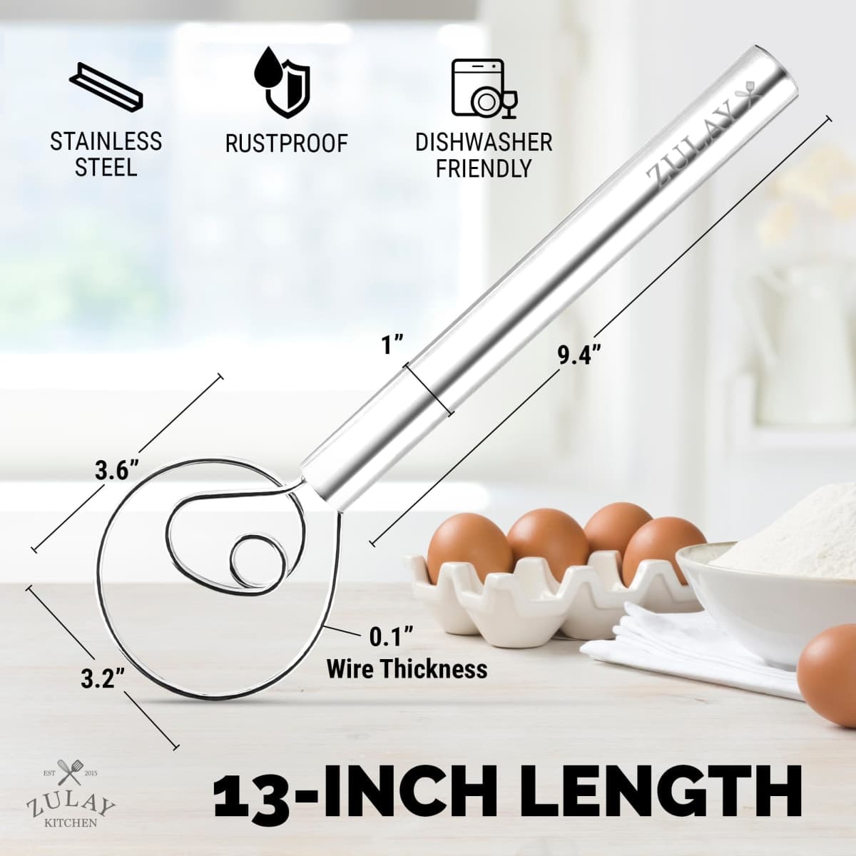 Zulay Kitchen 13-Inch Danish Dough Whisk thumbnail 2