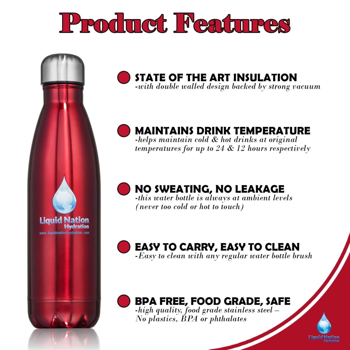 Insulated Cold/Hot Drip Free Stainless Steel Water Bottle 16 oz. by Liquid Nation Hydration thumbnail 2