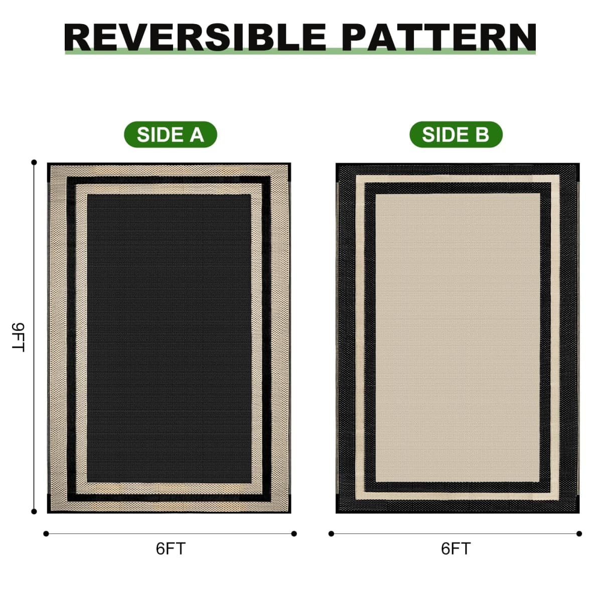 RURALITY Outdoor Rugs 6x9 Waterproof for Patios Clearance,Plastic Straw Mats for Backyard,Porch,Deck,Balcony,Black&Beige thumbnail 3