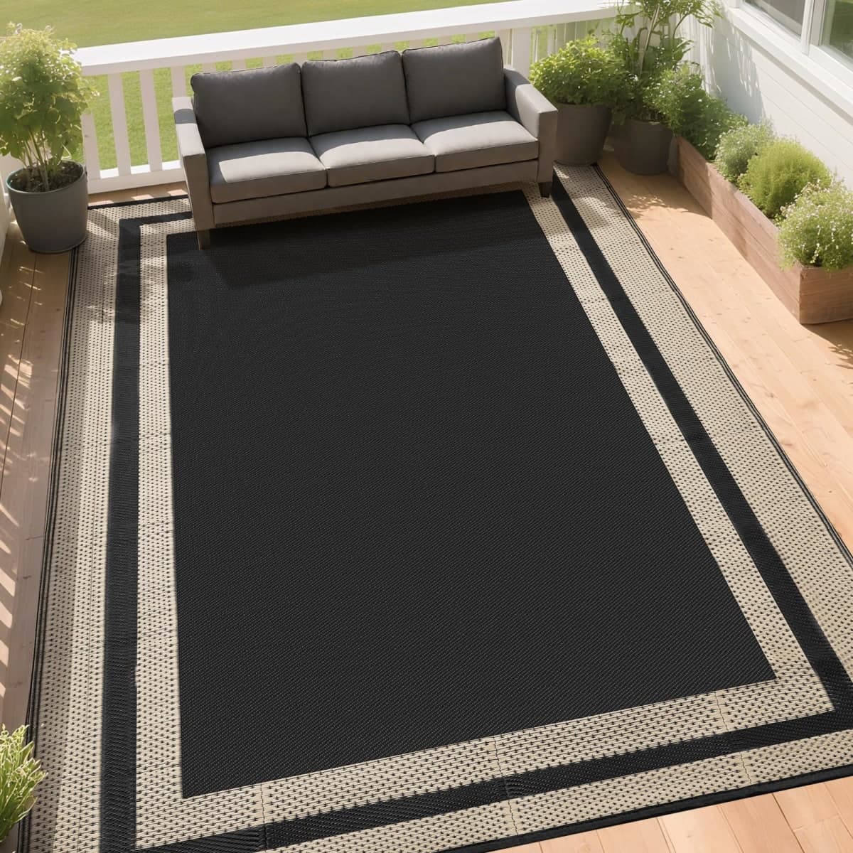 RURALITY Outdoor Rugs 6x9 Waterproof for Patios Clearance,Plastic Straw Mats for Backyard,Porch,Deck,Balcony,Black&Beige thumbnail 4