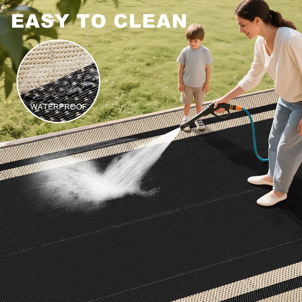 RURALITY Outdoor Rugs 6x9 Waterproof for Patios Clearance,Plastic Straw Mats for Backyard,Porch,Deck,Balcony,Black&Beige thumbnail 5