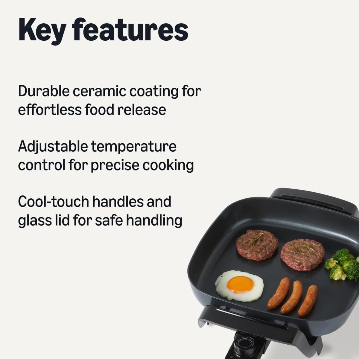 Amazon Basics Electric Skillet and Frying Pan with Glass Lid, Nonstick Ceramic Coating, Adjustable Temperature Control, 15.6 x 12.1 x 6.9 inch, Black thumbnail 2