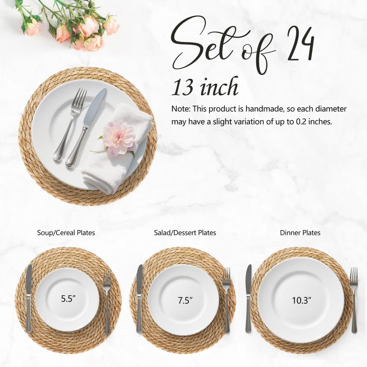 13 Inch Woven Placemats Set of 24, Boho Round Place Mats for Dining Table Decor, Rustic Jute Chargers for Dinner Plates, Outdoor Patio, Farmhouse Wedding, Water Hyacinth Wicker Rattan Braided Placemat thumbnail 2