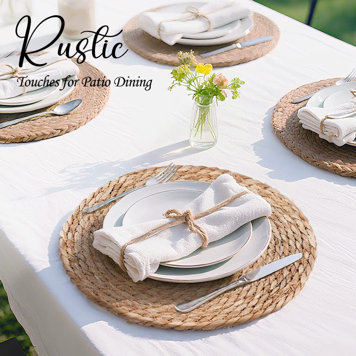 13 Inch Woven Placemats Set of 24, Boho Round Place Mats for Dining Table Decor, Rustic Jute Chargers for Dinner Plates, Outdoor Patio, Farmhouse Wedding, Water Hyacinth Wicker Rattan Braided Placemat thumbnail 4